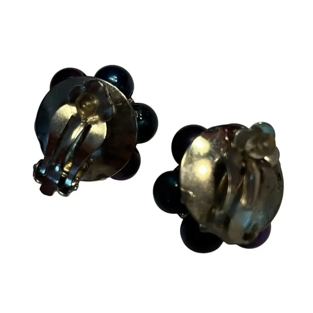 Vintage clip on earrings gem tones & gold beaded clusters mid century rounds